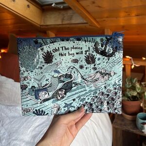 Blue Q Adventure-Themed Blue and Black Pouch